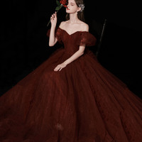 Burgundy tulle long prom dress A line evening gown - Thumbnail 4