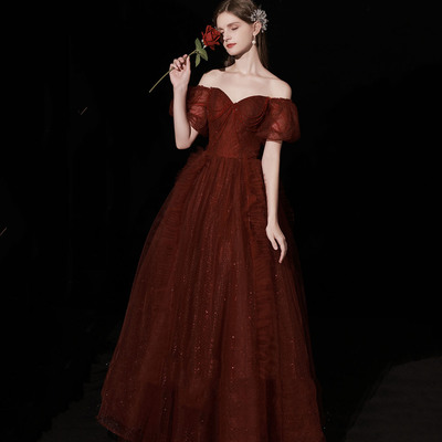 Burgundy tulle long prom dress a line evening gown - Thumbnail 2