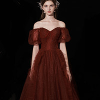 Burgundy tulle long prom dress A line evening gown - Thumbnail 1
