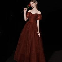 Burgundy tulle long prom dress A line evening gown - Thumbnail 5