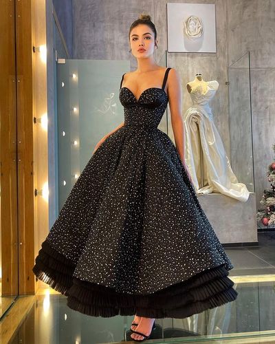 Stunning A Line Sweetheart Sparkly Tulle Black Prom Dresses