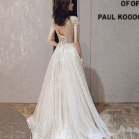 Champagne tulle sequins long prom dress evening dress - Thumbnail 3