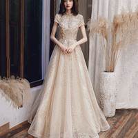 Champagne tulle sequins long prom dress evening dress - Thumbnail 4