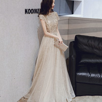 Champagne tulle sequins long prom dress evening dress - Thumbnail 2