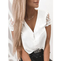 Lace Short Sleeve V-Neck Button Shirt Top - Thumbnail 2