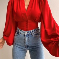 Fashion V-Neck Buttoned Long Sleeve Shirt Top - Thumbnail 1