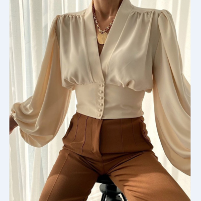 Fashion v-neck buttoned long sleeve shirt top - Thumbnail 2