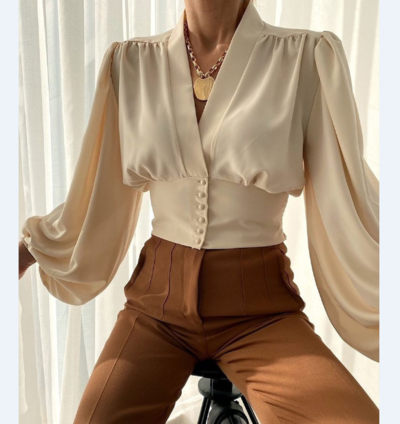 Fashion V-Neck Buttoned Long Sleeve Shirt Top
