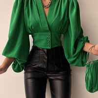Fashion V-Neck Buttoned Long Sleeve Shirt Top - Thumbnail 3