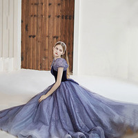 Purple tulle long prom dress A line evening gown - Thumbnail 4