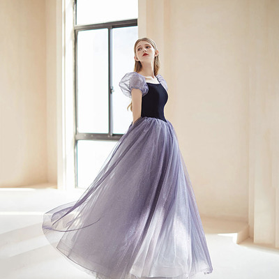 Purple tulle long prom dress a line evening gown - Thumbnail 2