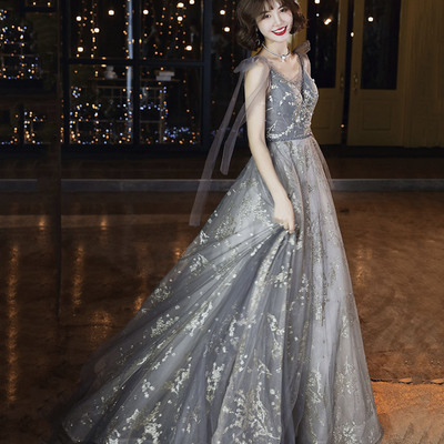 Gray tulle sequins long prom dress a line evening gown - Thumbnail 4