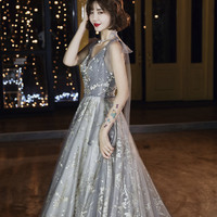 Gray tulle sequins long prom dress A line evening gown - Thumbnail 1