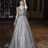 Gray tulle sequins long prom dress A line evening gown - Thumbnail 2