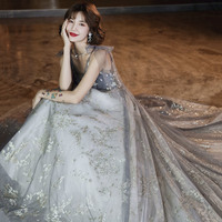 Gray tulle sequins long prom dress A line evening gown - Thumbnail 3