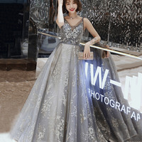 Gray tulle sequins long prom dress A line evening gown - Thumbnail 5