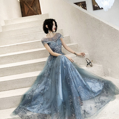 Blue tulle sequins long prom dress a line evening dress - Thumbnail 2
