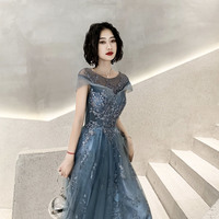 Blue tulle sequins long prom dress A line evening dress - Thumbnail 1