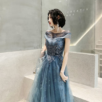 Blue tulle sequins long prom dress A line evening dress - Thumbnail 2
