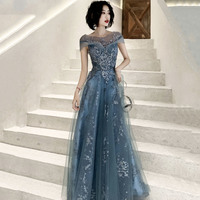 Blue tulle sequins long prom dress A line evening dress - Thumbnail 4