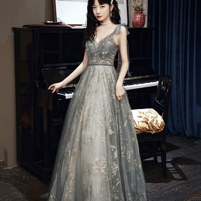 Gray tulle sequins a line prom dress gray evening dress - Thumbnail 3