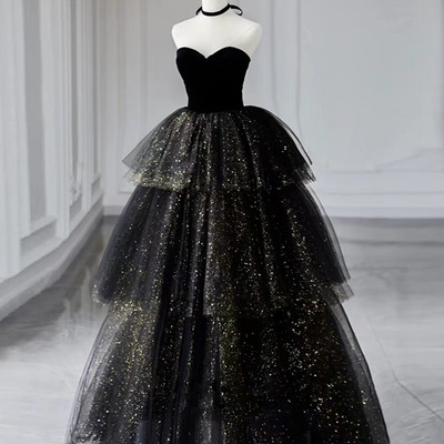Black velvet tulle long ball gown dress black formal dress - Thumbnail 3
