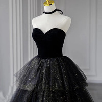 Black velvet tulle long ball gown dress black formal dress - Thumbnail 1