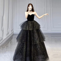 Black velvet tulle long ball gown dress black formal dress - Thumbnail 2
