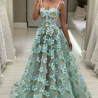 SP1877,Fairytale A-Line Prom Dresses Floral Spaghetti Strap Long Evening Party Dress - Thumbnail 1