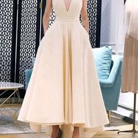 SP1612,Vintage Prom Dress,Off White A-Line Satin Evening Prom Dresses - Thumbnail 1