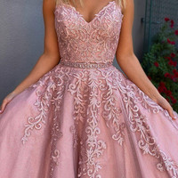 SP1614,Elegant pink evening dress,two pieces applique long prom dresses,spaghetti straps a-line event dress for teen - Thumbnail 1