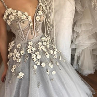 SP1588,Grey floral ball gown beaded sweetheart tulle prom dress - Thumbnail 1