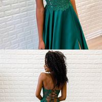 SP1521,Green Spaghetti Straps Long Prom Dresses Applique Beaded Evening Dresses - Thumbnail 1