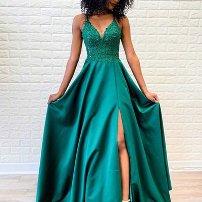 Sp1521,green spaghetti straps long prom dresses applique beaded evening dresses - Thumbnail 4