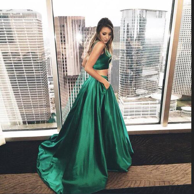 SP1517,Green prom dress,long prom dresses,two pieces evening dress with pockets