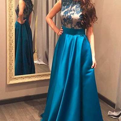 Sp1611,royal blue satin prom dress with lace top - Thumbnail 3