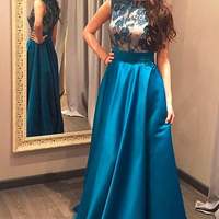 SP1611,Royal blue satin prom dress with lace top - Thumbnail 1