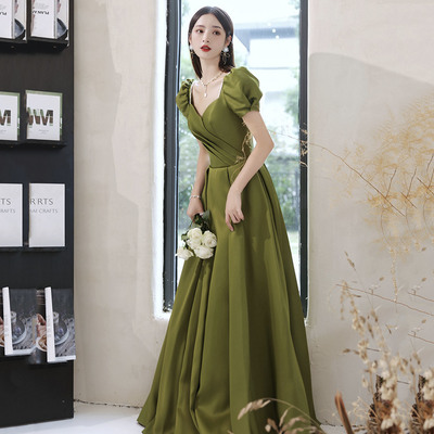 Green satin long prom dress a line evening dress - Thumbnail 1