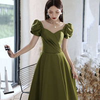 Green satin long prom dress A line evening dress - Thumbnail 1