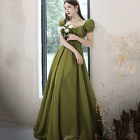Green satin long prom dress A line evening dress - Thumbnail 2