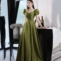 Green satin long prom dress A line evening dress - Thumbnail 3