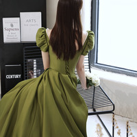 Green satin long prom dress A line evening dress - Thumbnail 4