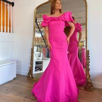 New arrival Short Sleeve Fuchsia Satin Long Mermaid Prom Dresses Evening Party Dresses - Thumbnail 1