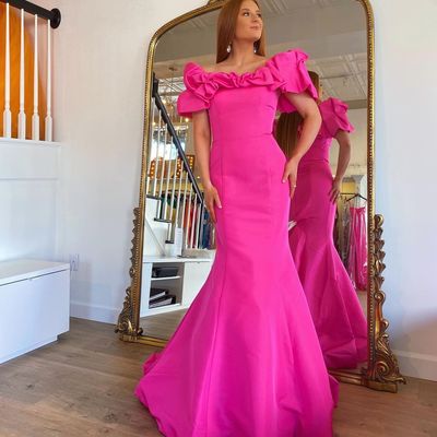 New arrival short sleeve fuchsia satin long mermaid prom dresses evening party dresses - Thumbnail 2