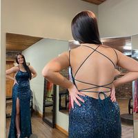 Sparkly Mermaid Scoop Neck Navy Blue Sequins Long Prom Evening Dresses - Thumbnail 1