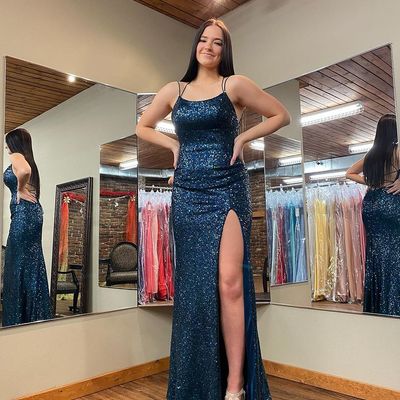 Sparkly mermaid scoop neck navy blue sequins long prom evening dresses - Thumbnail 2