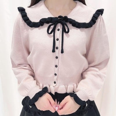 Sweet and cute bow fungus edge doll collar knitted cardigan