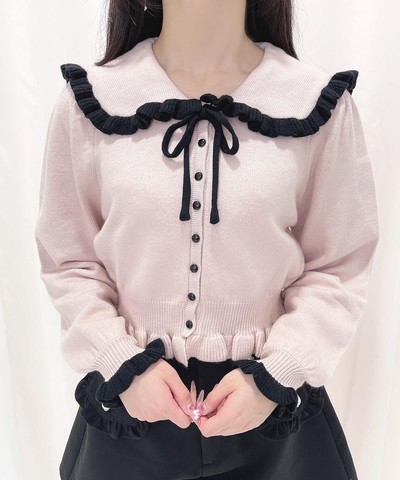 Sweet and cute bow fungus edge doll collar knitted cardigan