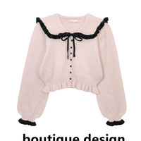 Sweet and cute bow fungus edge doll collar knitted cardigan - Thumbnail 1