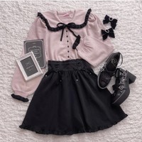 Sweet and cute bow fungus edge doll collar knitted cardigan - Thumbnail 9